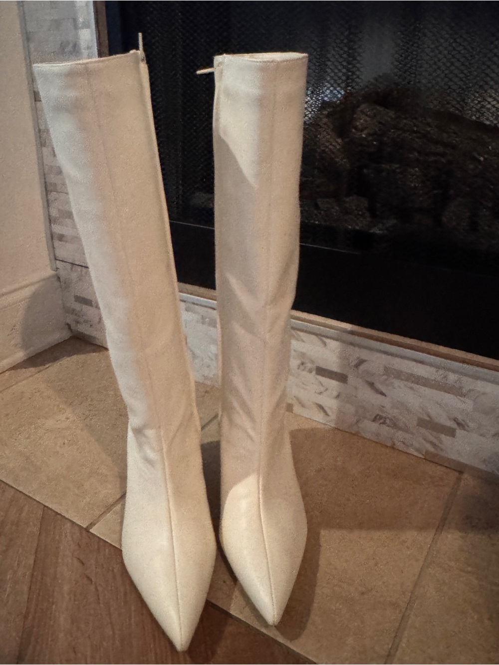 Women's White Pointed-Toe Over-the-Knee Heeled Boots